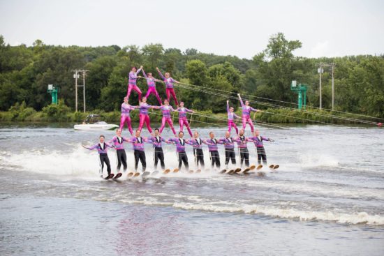 water ski show with two pyramids