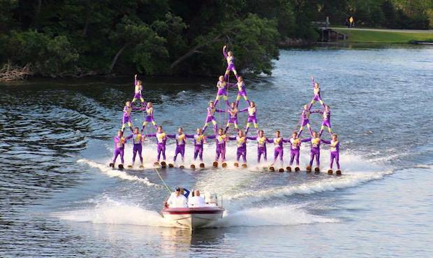 water ski show with three pyramids