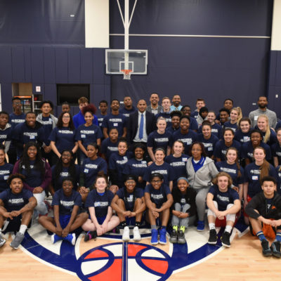 Group photo of children participating in free Sanneh Foundation basketball camp