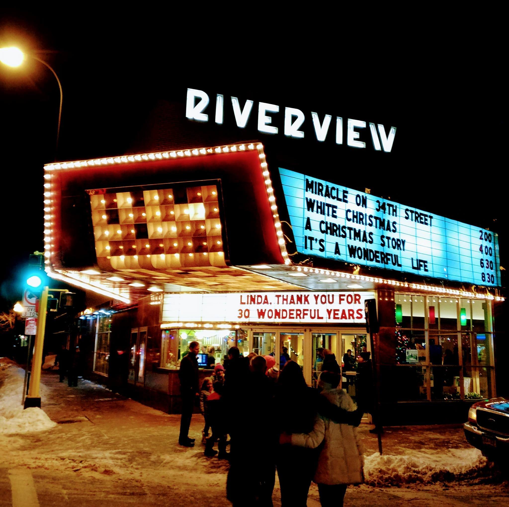 Riverview Christmas Movies image of outside of theatre and marquee.