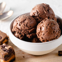 chocolate ice cream in a white bowl