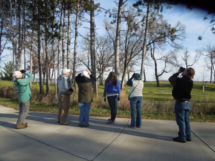 Washington County Parks bird hikes, bird watchers looking up in the air. 