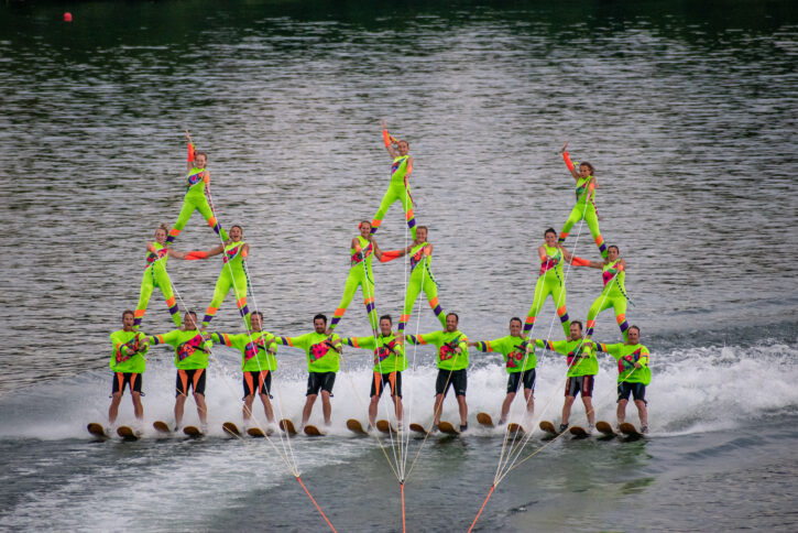 water ski show with skiiers in pyramid