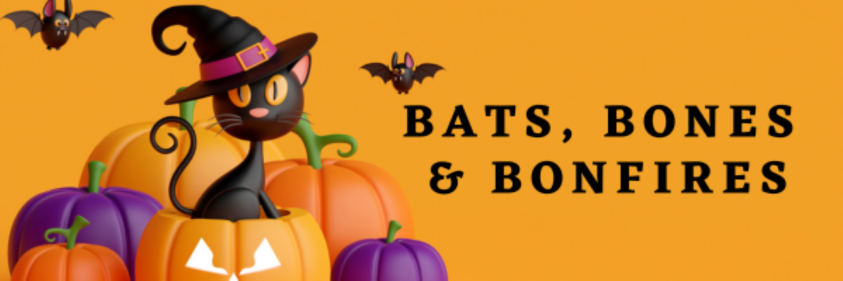 Logo for bats, bones and bonfires featuring a cat with a watch's hat and bats.