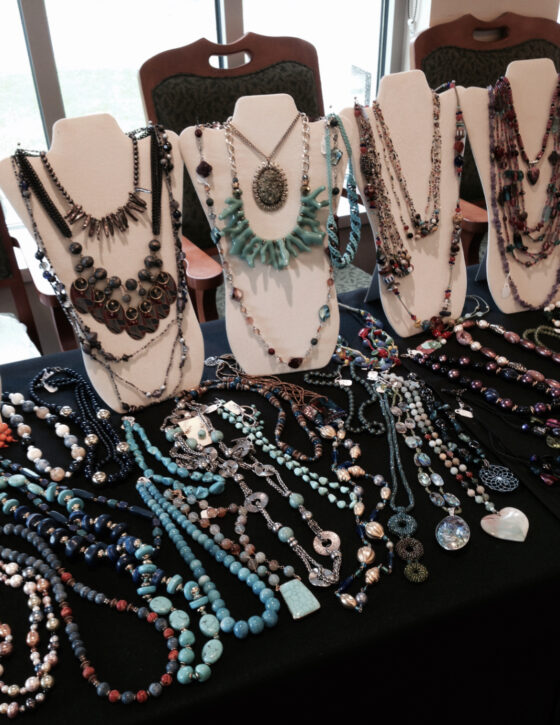 Jewelry displayed on a table.