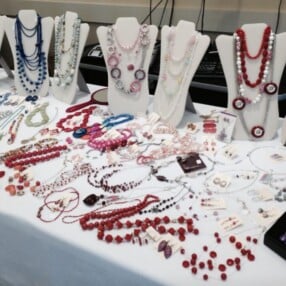 Jewelry displayed on a table.