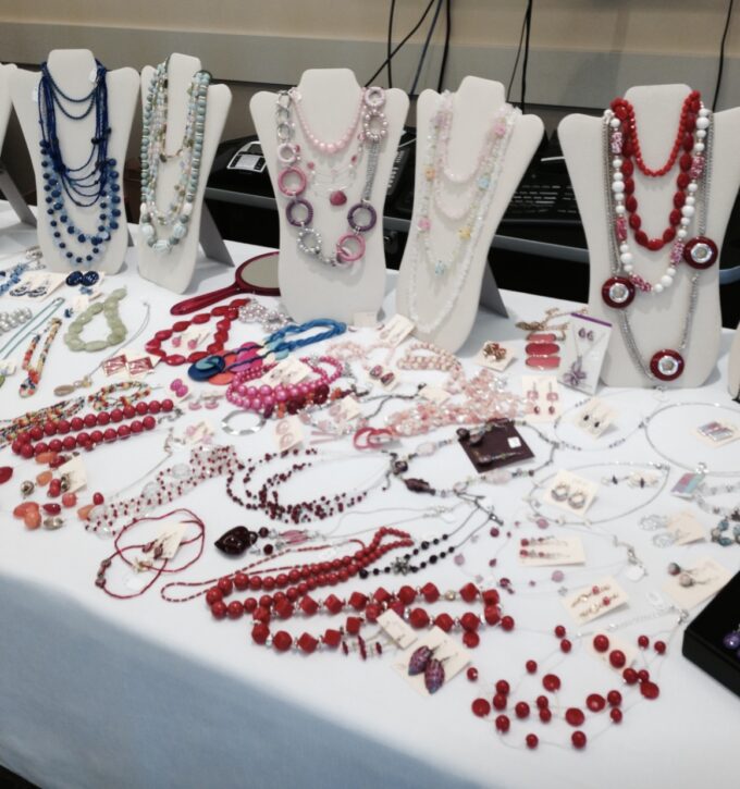 Jewelry displayed on a table.