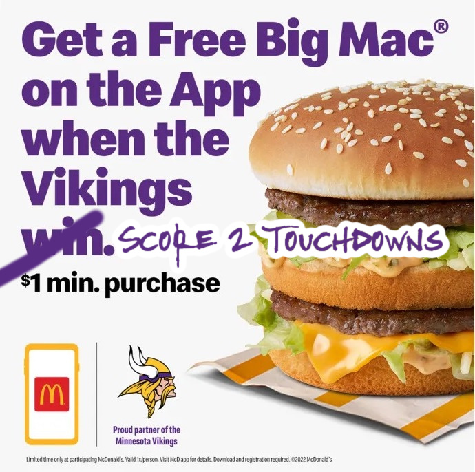 McDonald's: Free Big Mac When the Vikings Score - Thrifty Minnesota