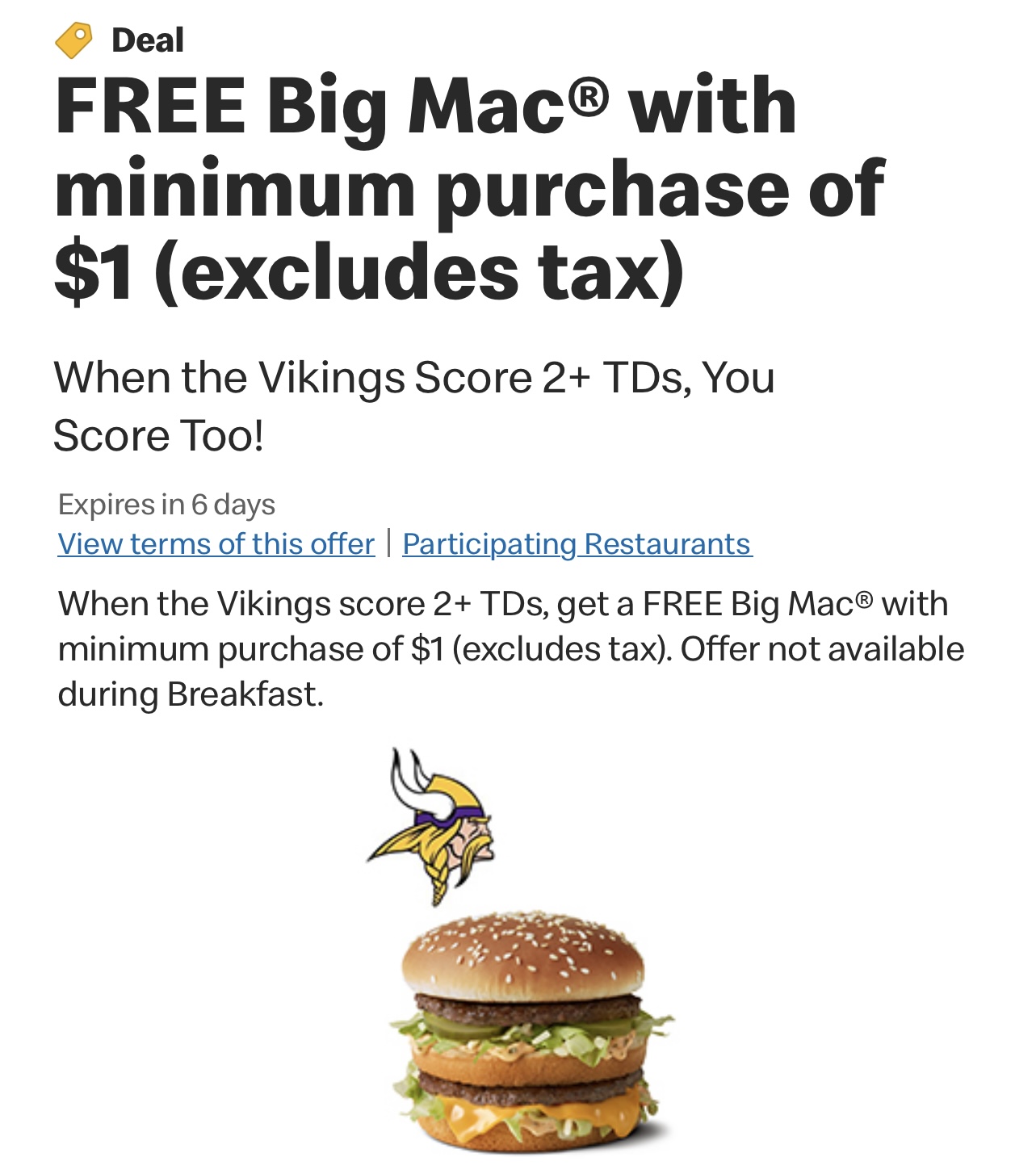 McDonald's: Free Big Mac When the Vikings Score - Thrifty Minnesota