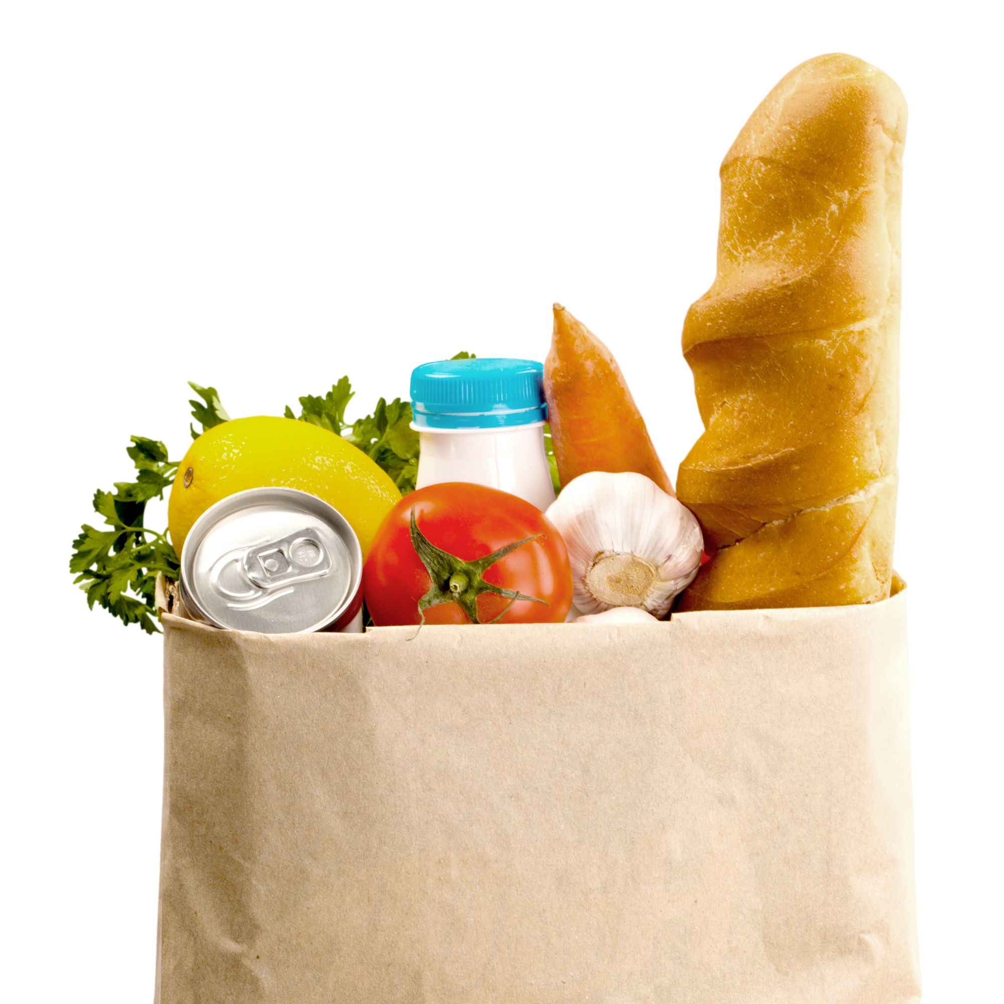 grocery bag with loaf of french bread, tomato, garlic, soda can and milk