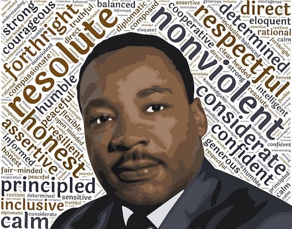 Martin Luther King Jr surrounded by word cloud