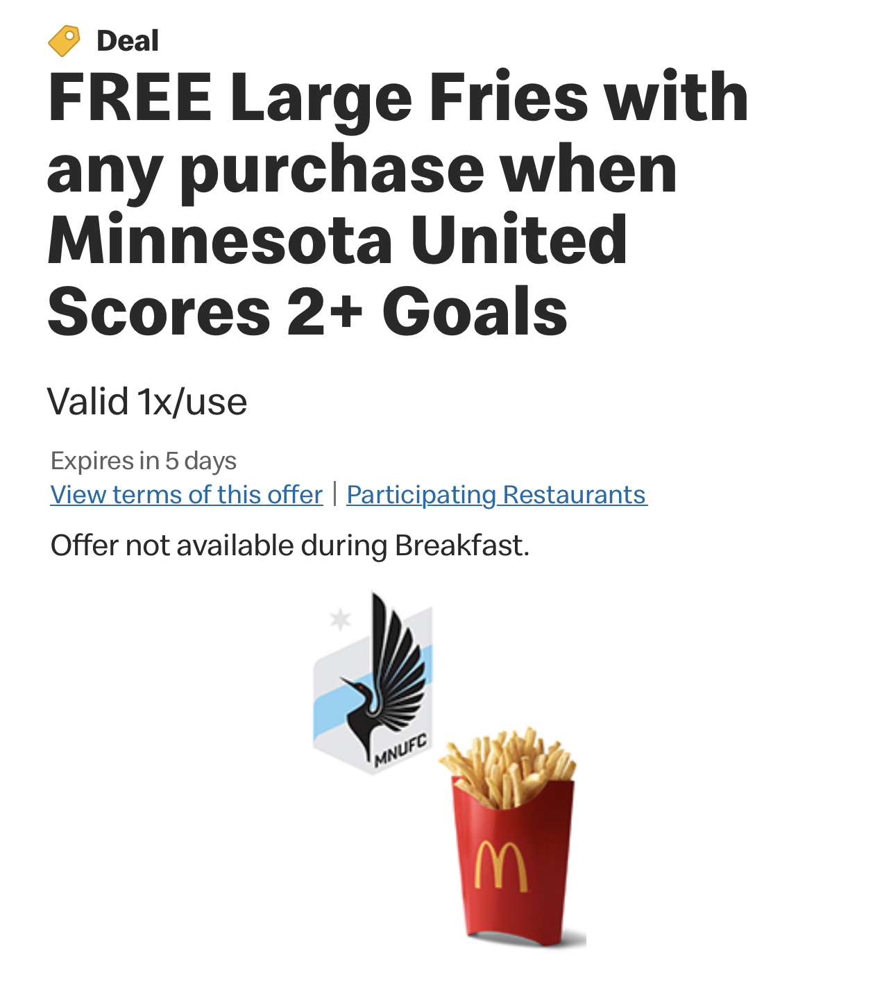 Free McDonalds Fries Minnesota United Loons