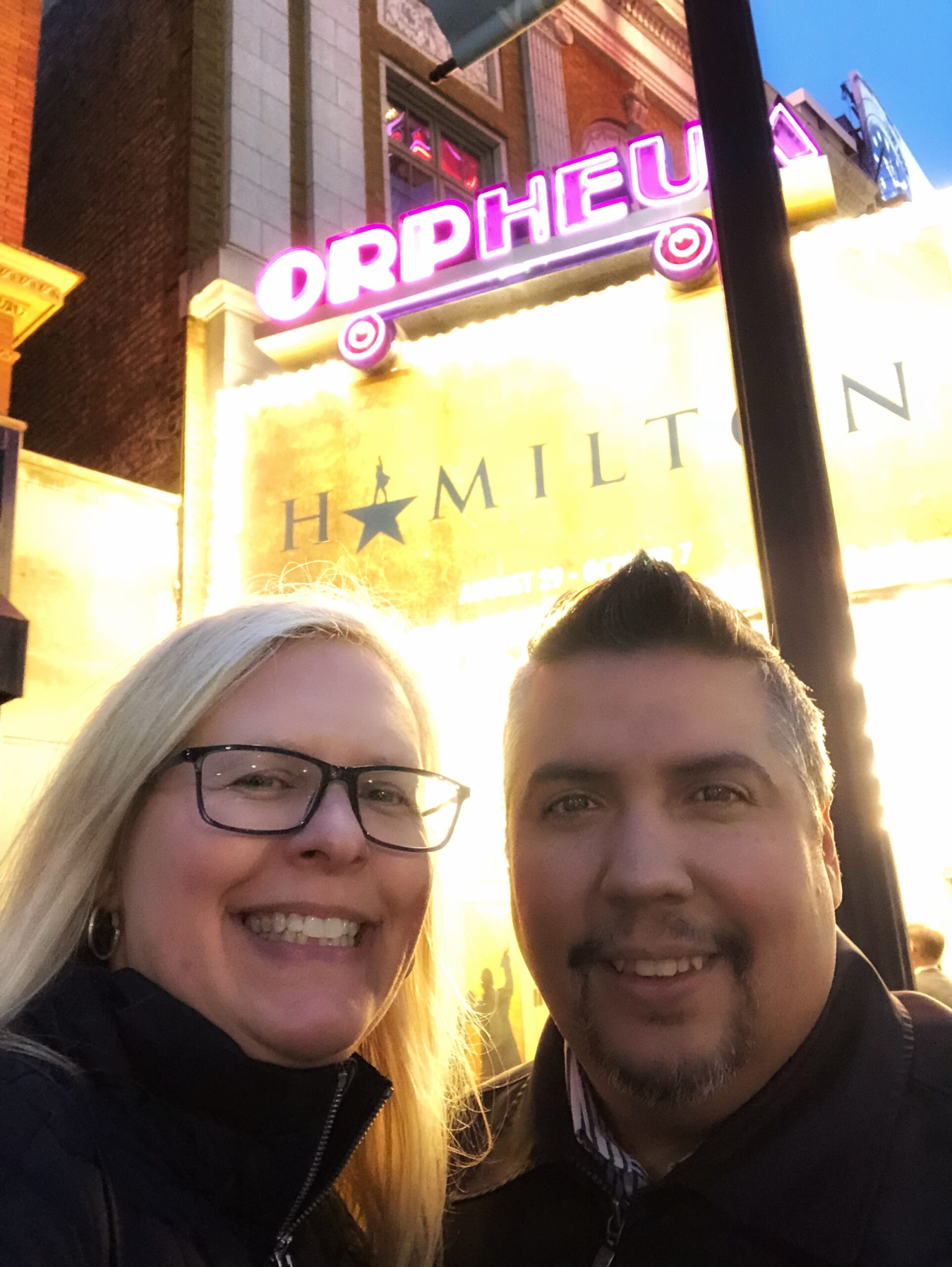 Couple outside Orpheum Theater Hamilton Maquis
