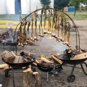 Roasting Garlic over open fire at Minnesota Garlic Festival.