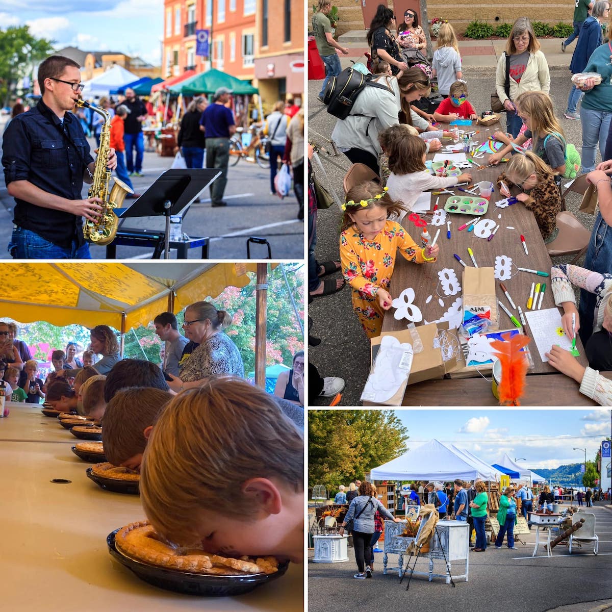 Various photos from event- live music, kids drawing, pie eating contest, vendors.