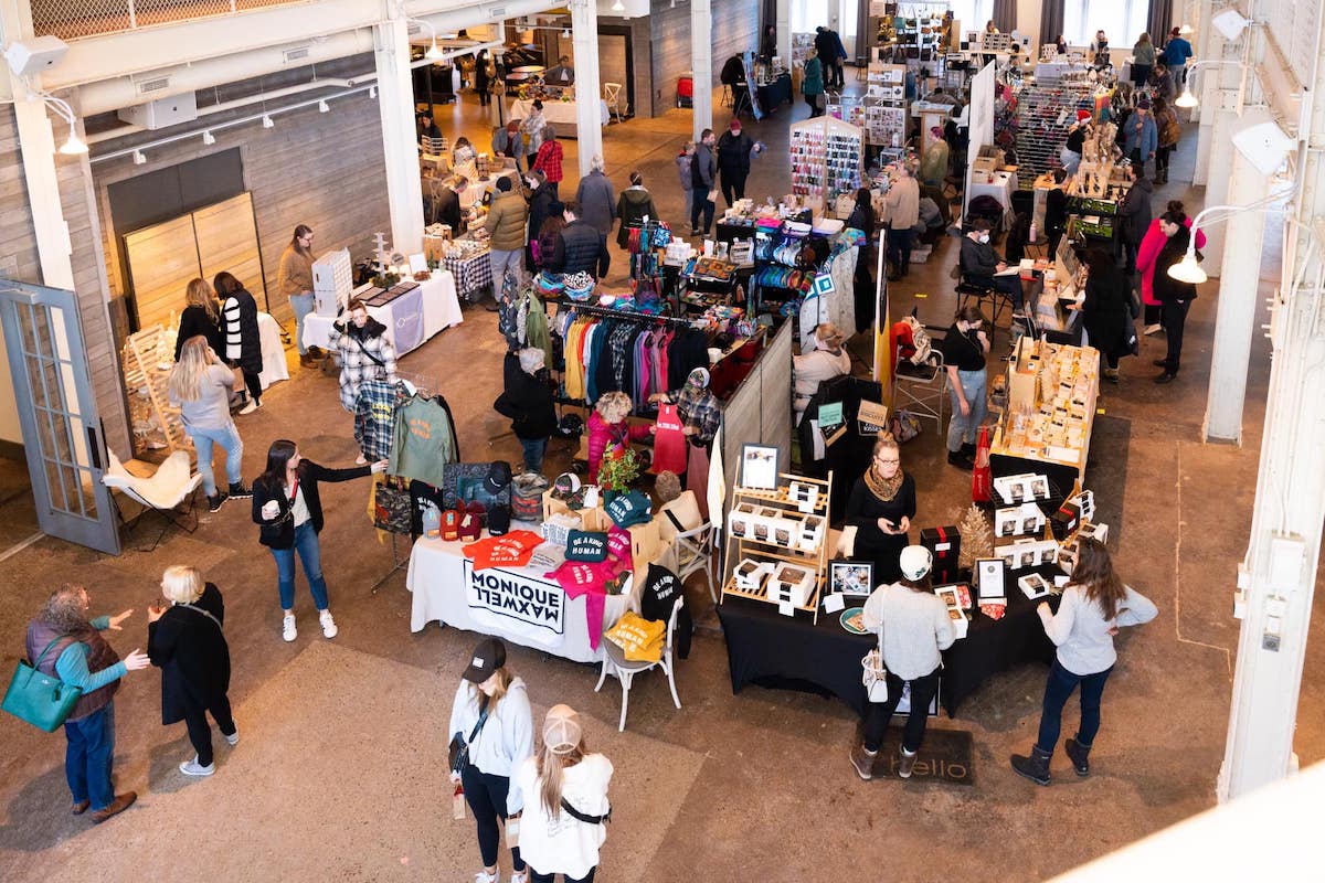 Overview of the holiday market from the second floor of The Machine Shop.