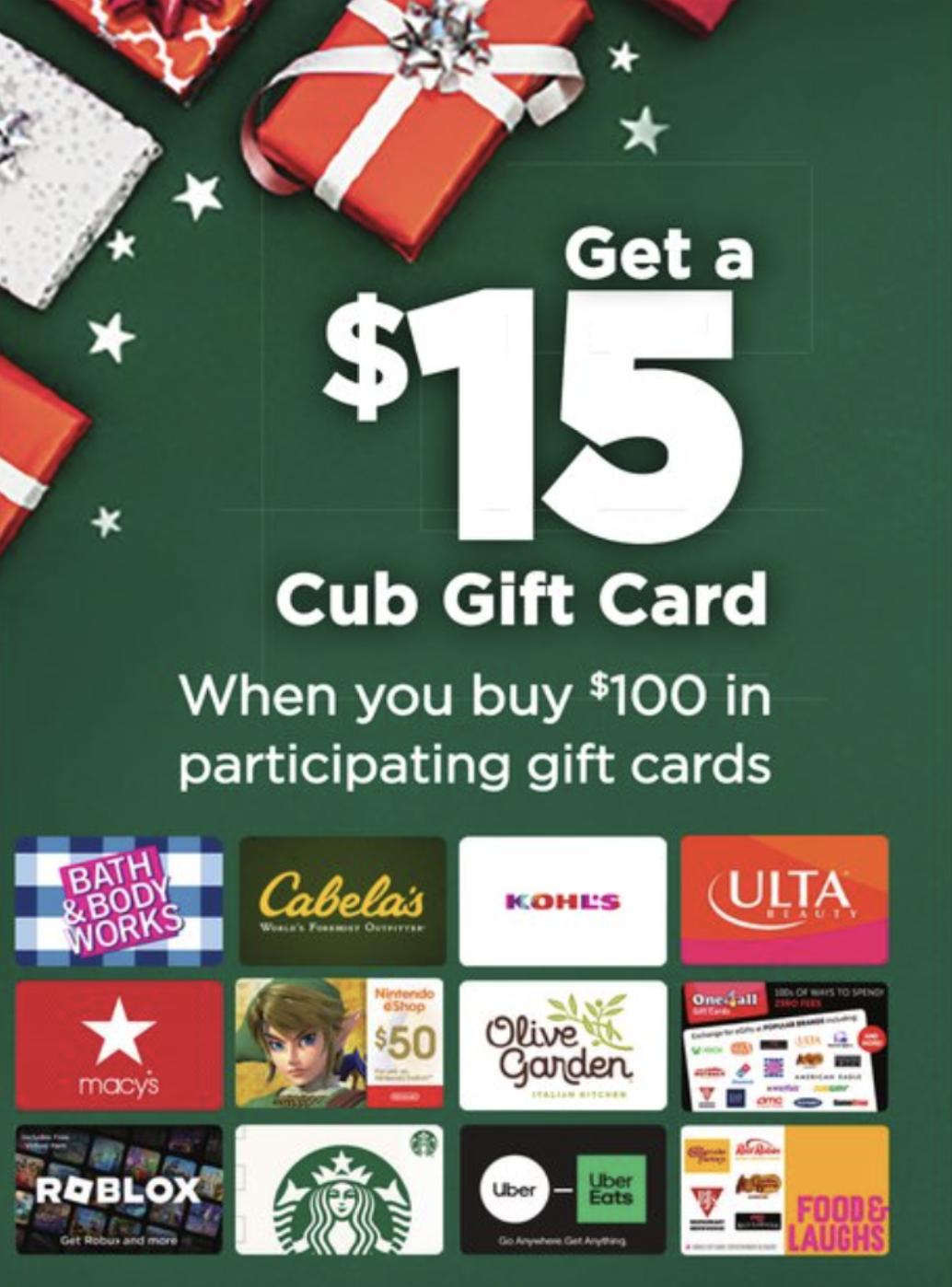 Cub $15 gift card offer.