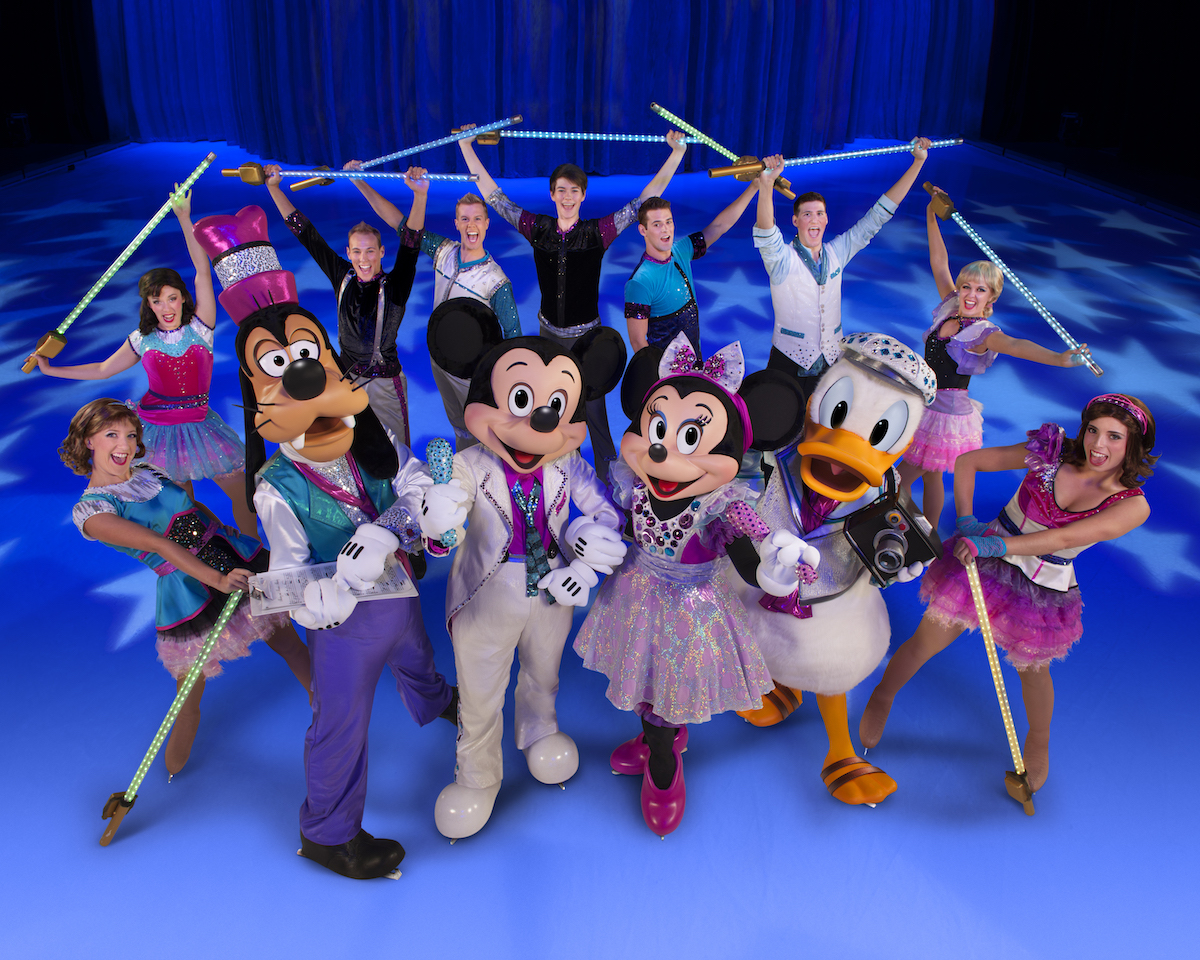 Disney on Ice image with Mickey, Minnie, Goofy, Donald Duck and ice skaters.