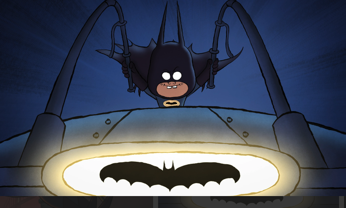 MERRY LITTLE BATMAN suspended with bat shadow below.