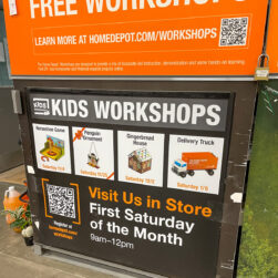Home Depot Free Kids Workshops Sign.