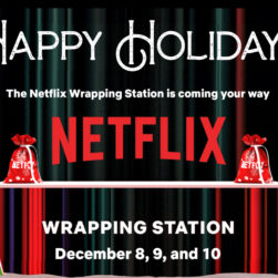 Netflix Wrapping Station poster featuring Christmas trees and presents.