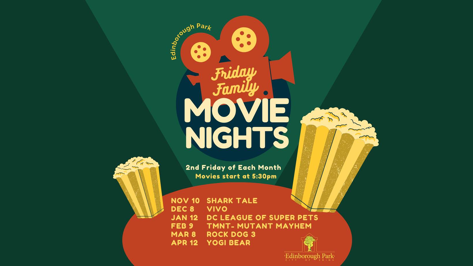 Friday Family Movie Night poster with movie titles and dates. 