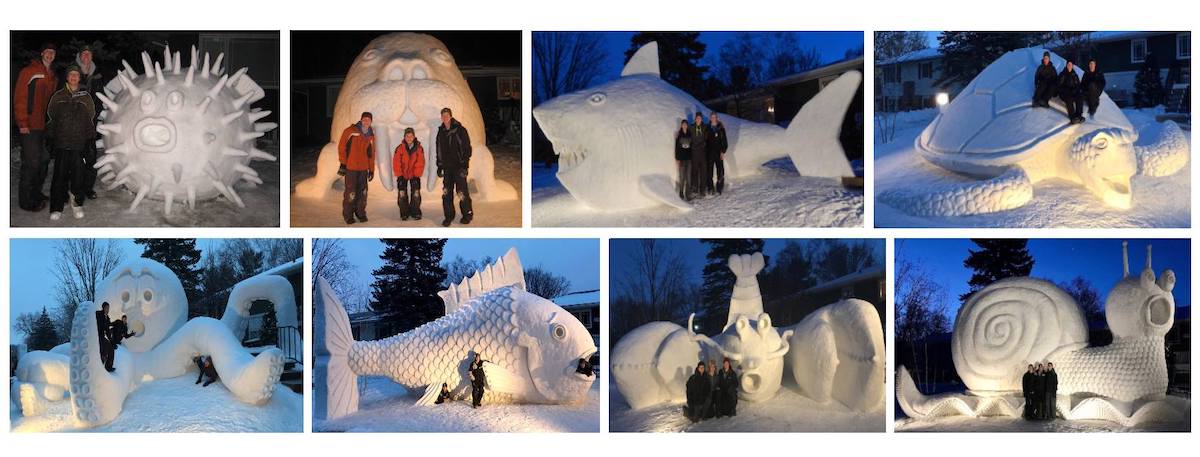 Photo collage of many snow sculptures. 