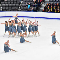 synchronized skaters performing on the ice.