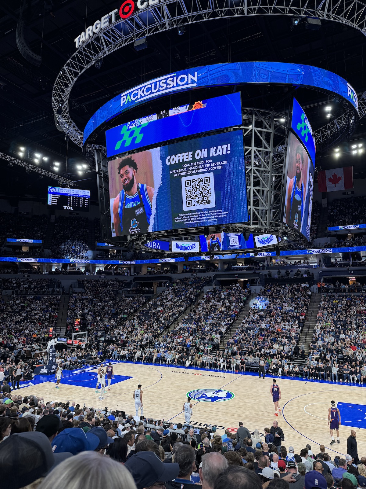 Minnesota Timberwolves Caribou Coffee on KAT on Big Screen in Target Center.