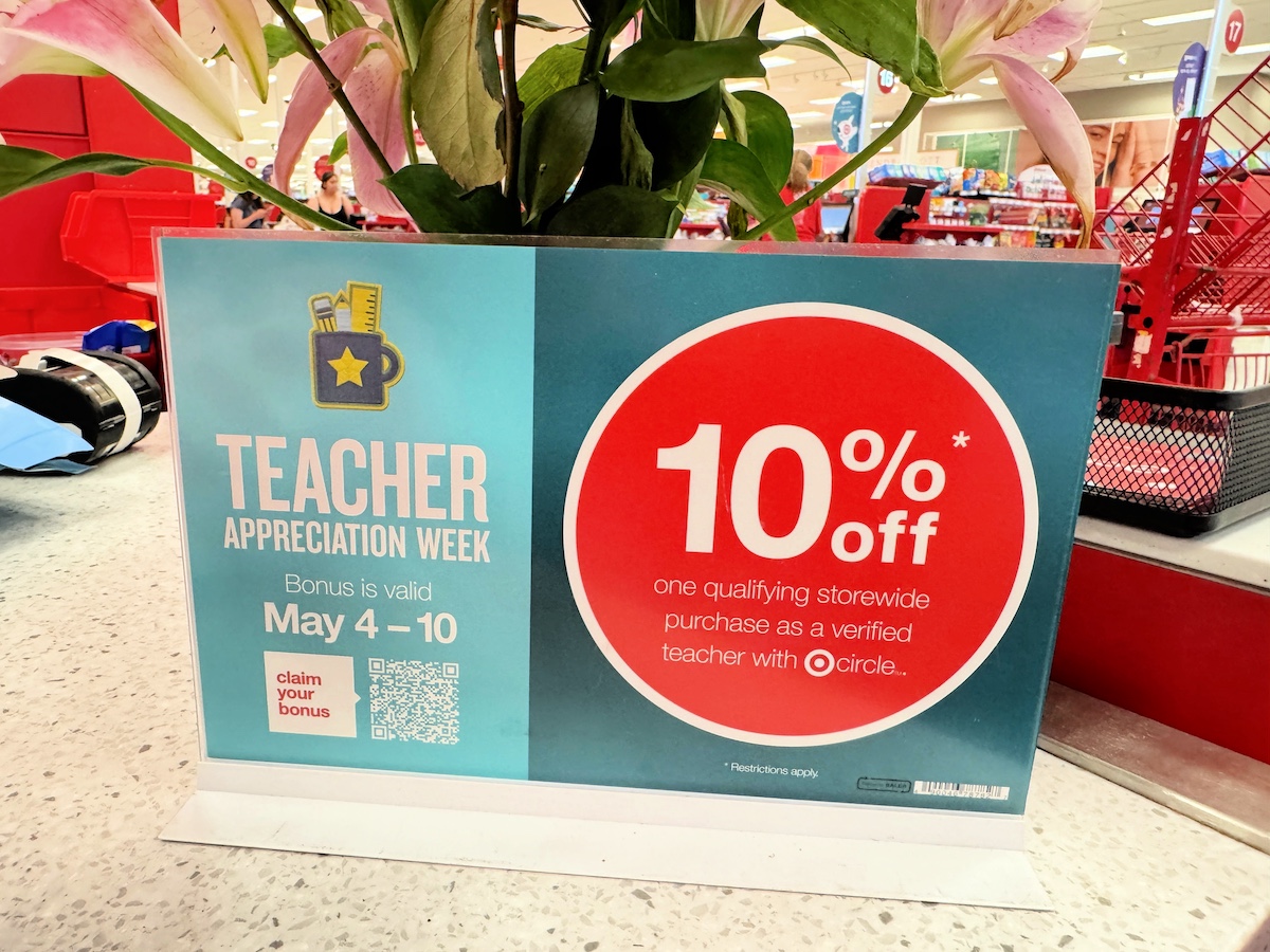 Sign announcing Target's Teacher Appreciation Week discount.