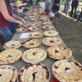 Table full of pies at Braham Pie Day.