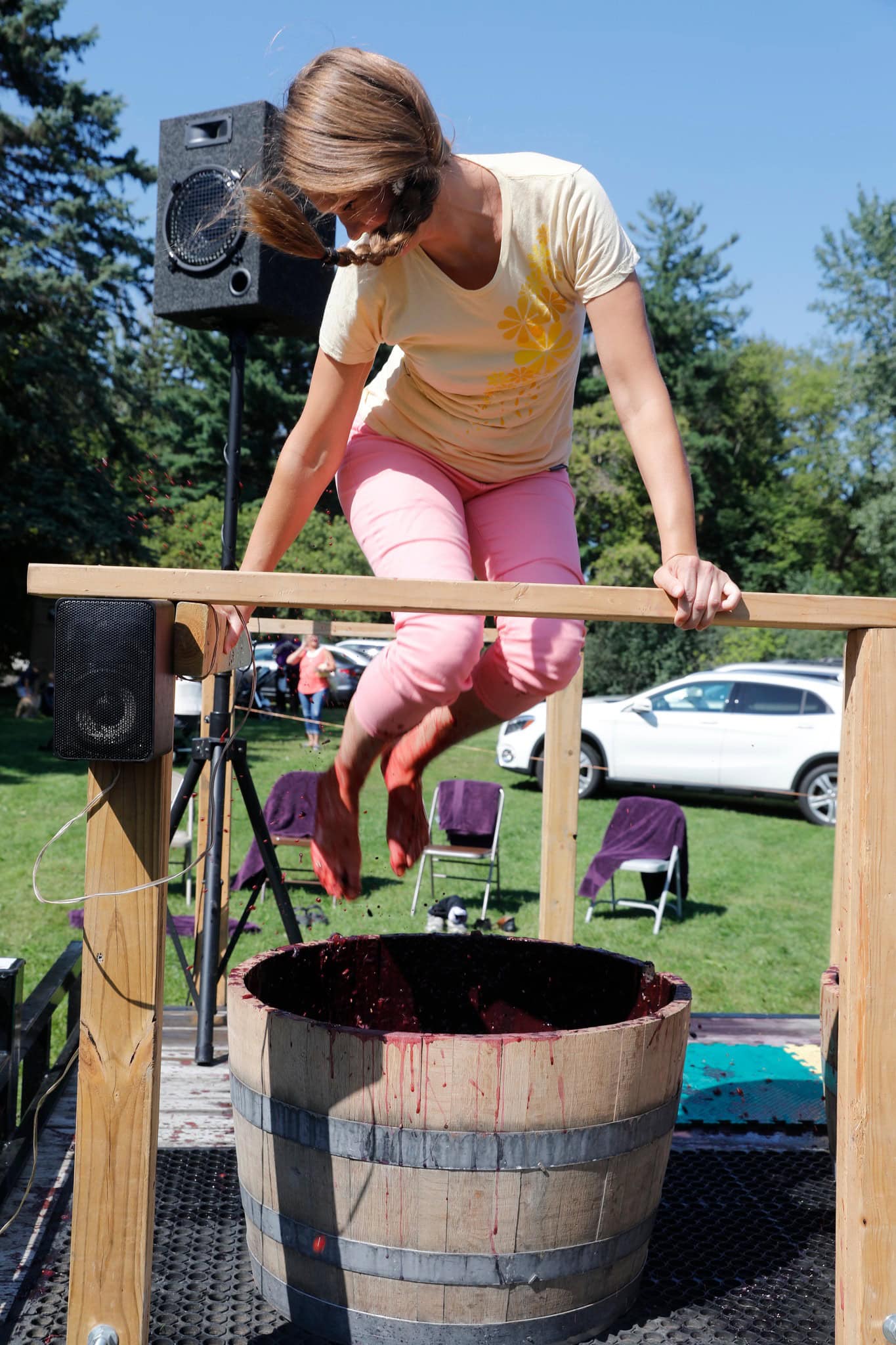woman stomping grapes at saint croix vineyards grape stomp.
