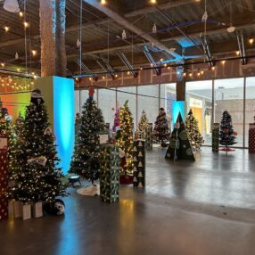 A festive indoor scene with a variety of decorated Christmas trees arranged in rows. Some trees are lit, and there are wrapped gift boxes at their bases. The room is illuminated with hanging string lights and ambient lighting.