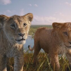 Two young lions stand close together in a grassy area near water. The sky is clear with a few clouds, suggesting a sunny day. Their expressions are curious and alert as they gaze into the distance.