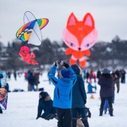 Photo of young boy flying kite and other festivities at the Lake Harriet Kite Festival.