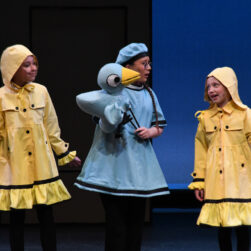 Don't let the Pigeon Drive the Bus musical at Stages, pigeon on stage with two ducklings.