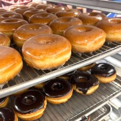 Bakery rack with donuts at Keys Cafe.