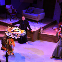when you trap a tiger actors and tiger puppet on stage.