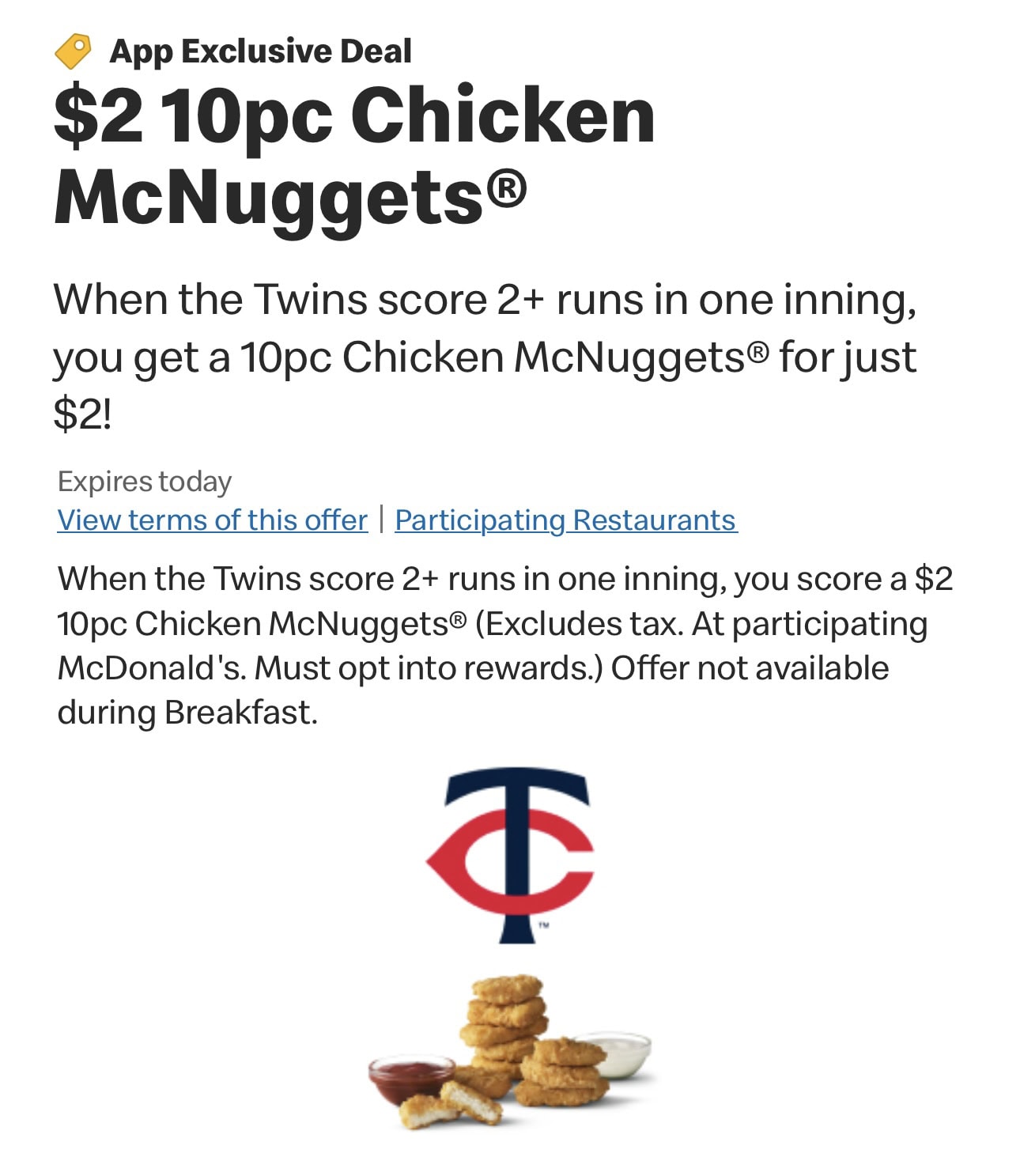 Minnesota Twins McDonalds McNuggets Deal.