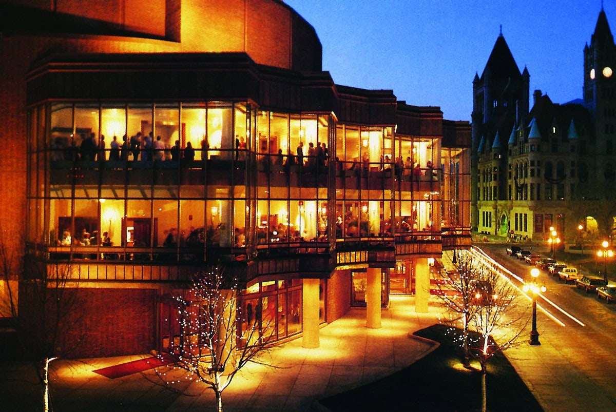 Ordway lit up at nighttime.