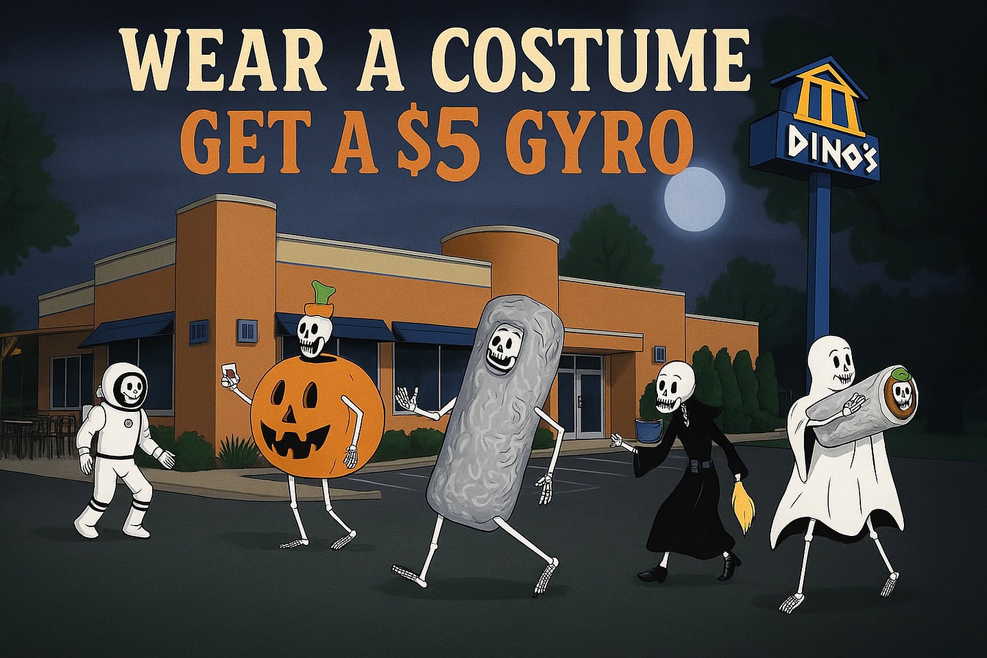 Dinos Halloween 5 Dollar Gyros graphic.