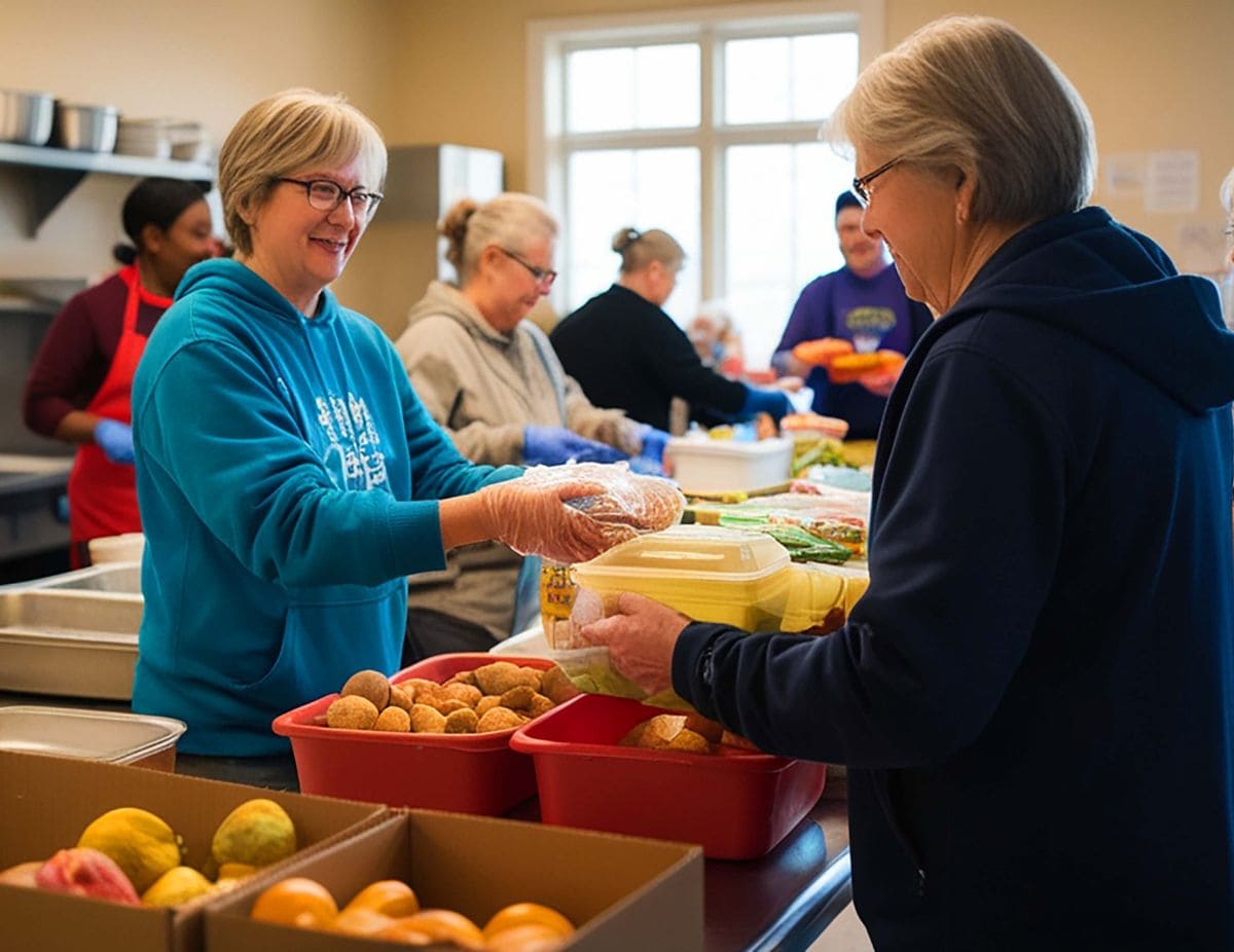 Woman offering food to guest at a community food distribution site.