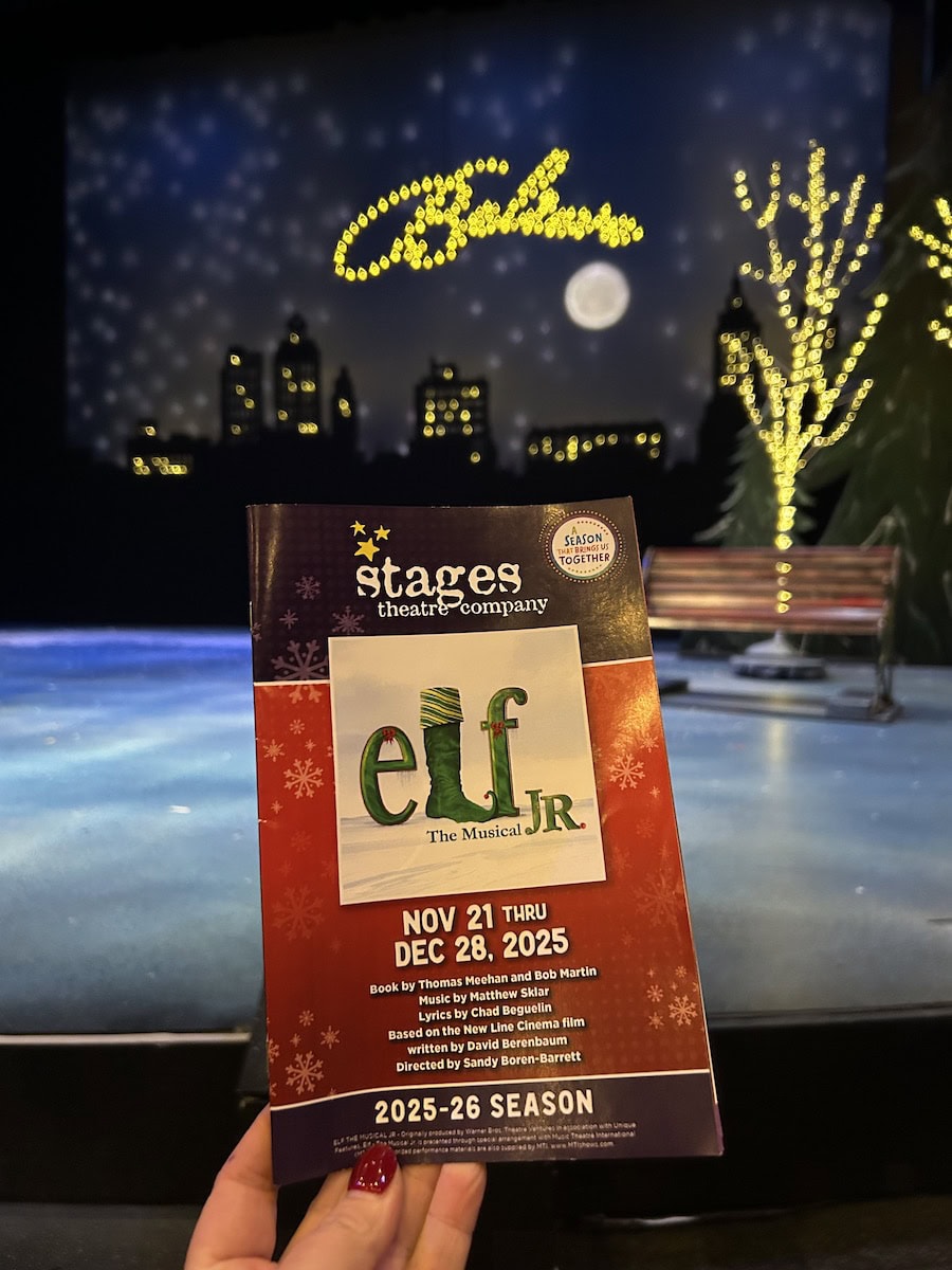 Playbill in front of Elf the musical jr. stage.