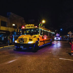 School bus with Christmas lights in the Willmar Holidaze Parade.