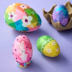Easter eggs decorated with tissue paper.