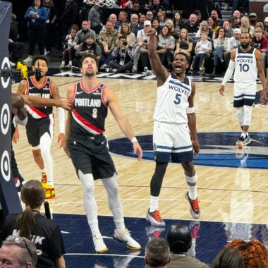 Timberwolves Anthony Edwards after shooting a successful free throw.