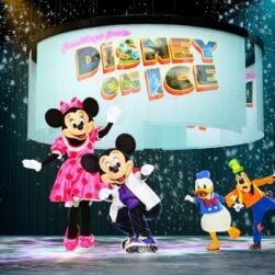Disney on Ice Minnie, Mickey, Donald and Goofy on the ice.