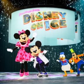 Disney on Ice Minnie, Mickey, Donald and Goofy on the ice.
