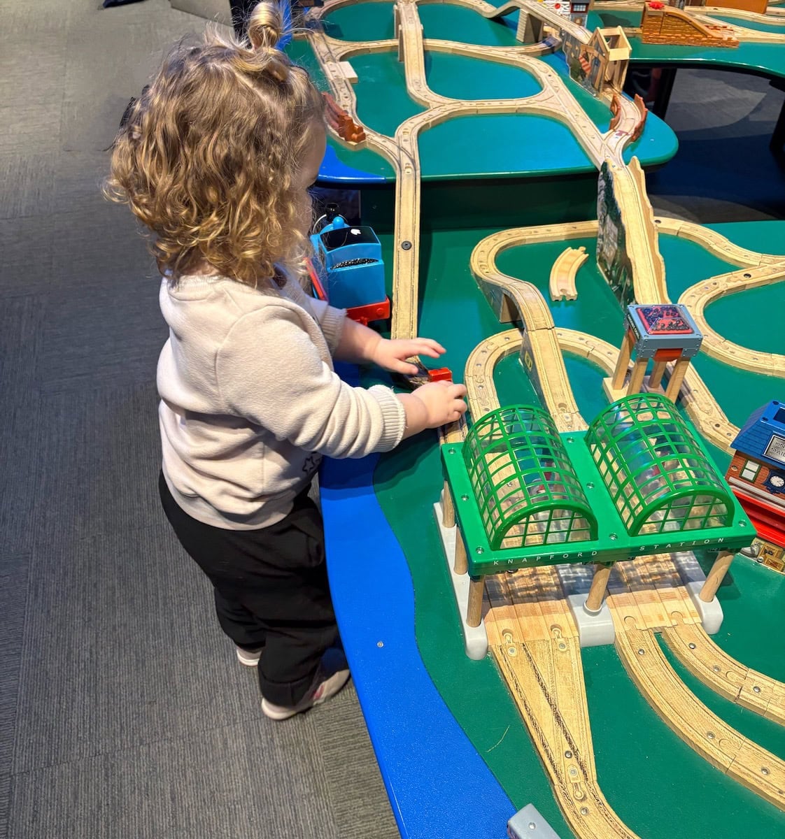 Train table at Thomas the Train exhibit.