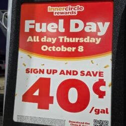 Circle K Inner Circle Fuel Day sign on gas pump at station.